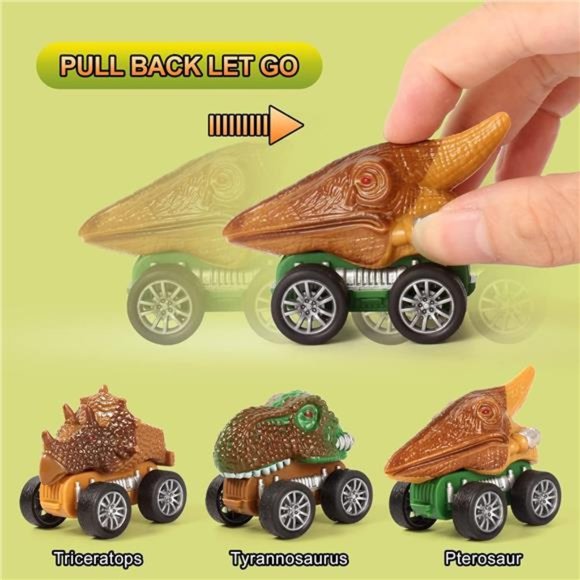 Dinosaur Toy Trucks for Kids - 28 Pack Pull Back Cars Set with Flashing Lights - Picture 3 of 6